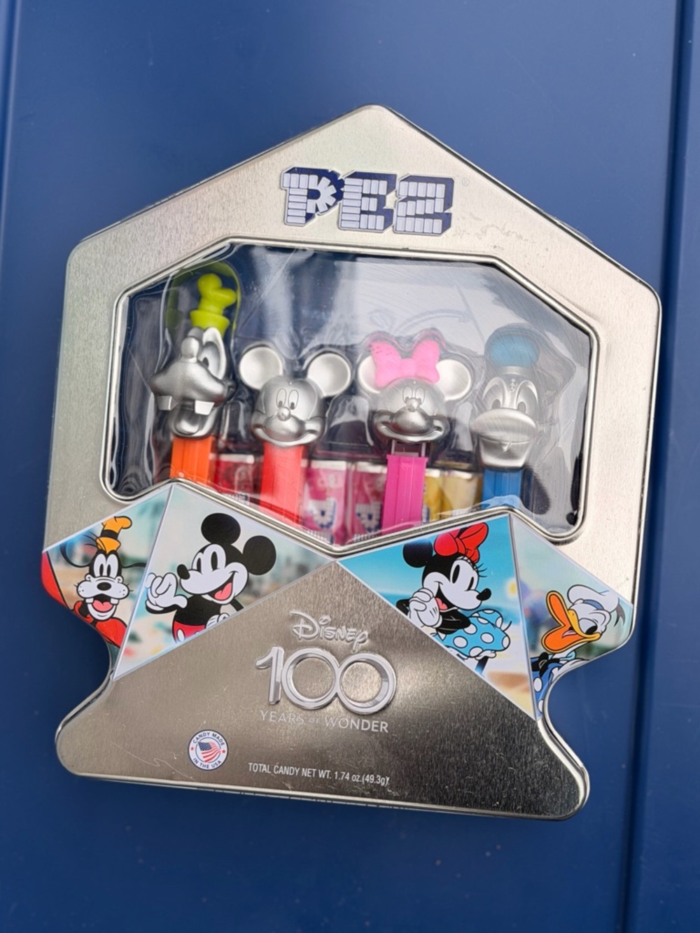 Disney PEZ Dispenser 100 year Anniversary Tin Set - Orange, Pink, Yellow, Blue